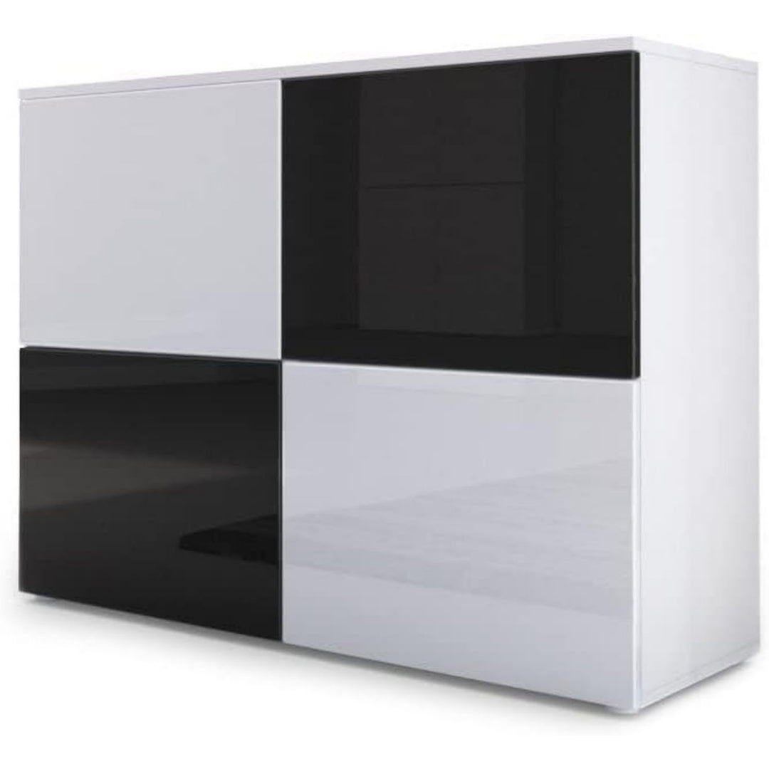 Sideboard mit beschichteten Flaechen, grifflosen Fronten und glaenzenden Oberflaechen